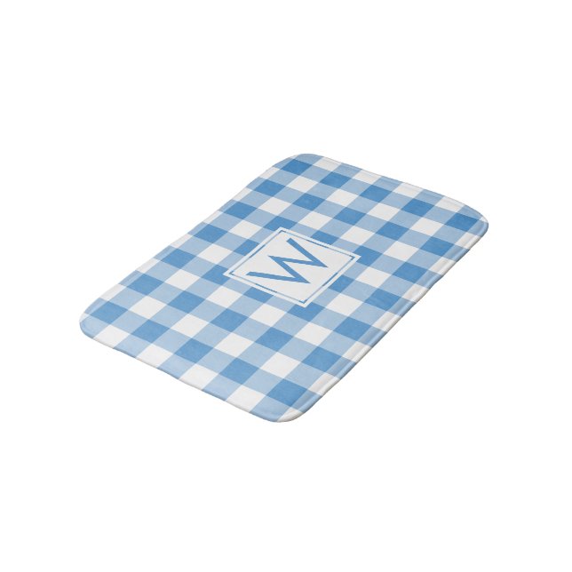 Light Blue and White Gingham Pattern with Monogram Bath Mat (Angled)