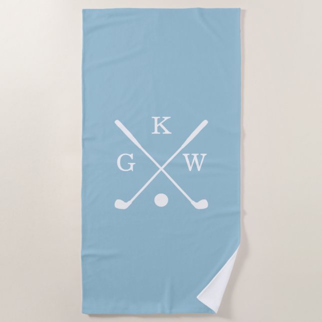 Light Blue and White Golf Clubs Monogram Golf Beach Towel (Front)