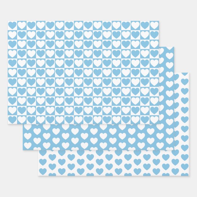 Light Blue and White Hearts Wrapping Paper Sheet (Set)