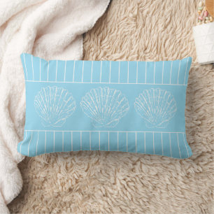 Light Blue and White Seashells and Stripes Lumbar Pillow
