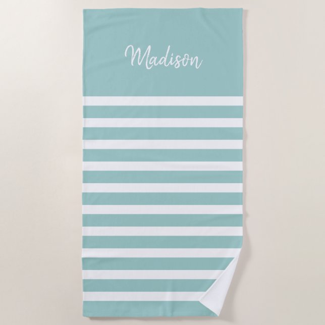 Light Blue and White Stripe Personalized Beach Towel (Front)