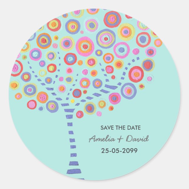 Light Blue Aqua Retro Circle Tree Save the Date Classic Round Sticker (Front)