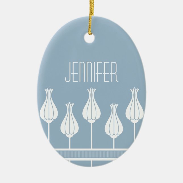 Light Blue Art Deco Floral Oval Ornament (Front)