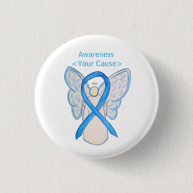 Light Blue Awareness Ribbon Angel Art Pin Buttons (Front)