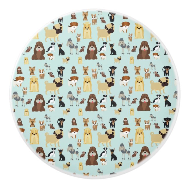 light blue background dogs pattern. ceramic knob (Front)