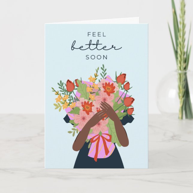 Light Blue Background Feel Better Soon, flowers Card (Front)