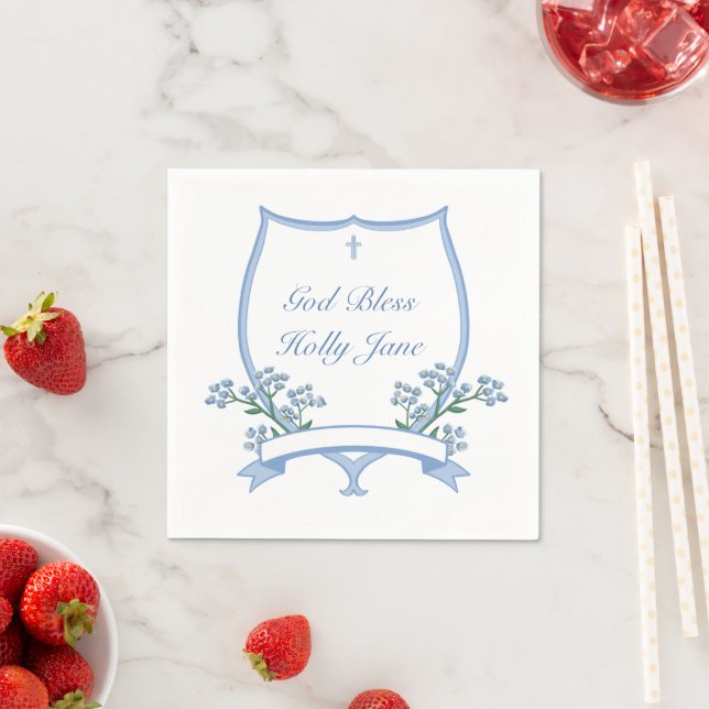 Light Blue Baptism First Communion Name in Crest Napkin (Insitu)