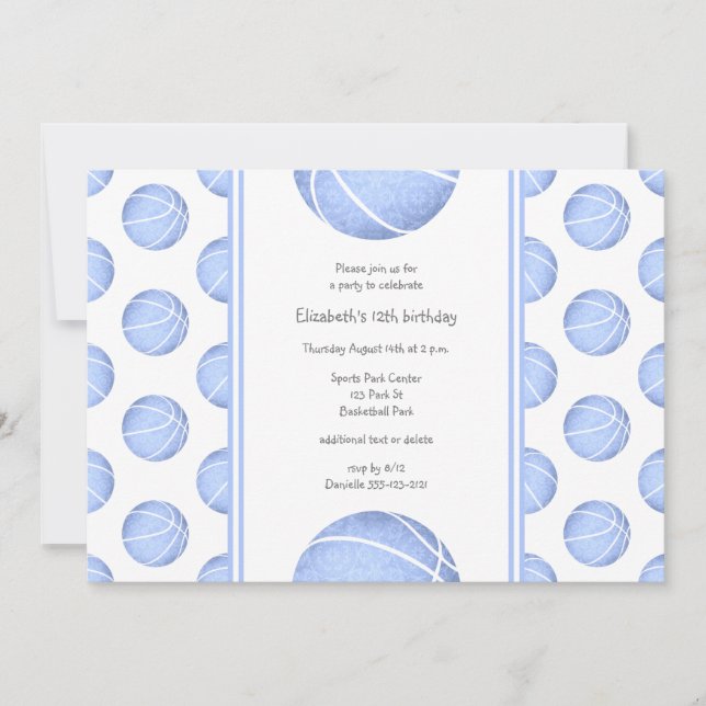 light blue basketballs pattern girls birthday invitation (Front)