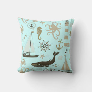 Light Blue Beach Ocean Seahorse Anchor Throw Pillow