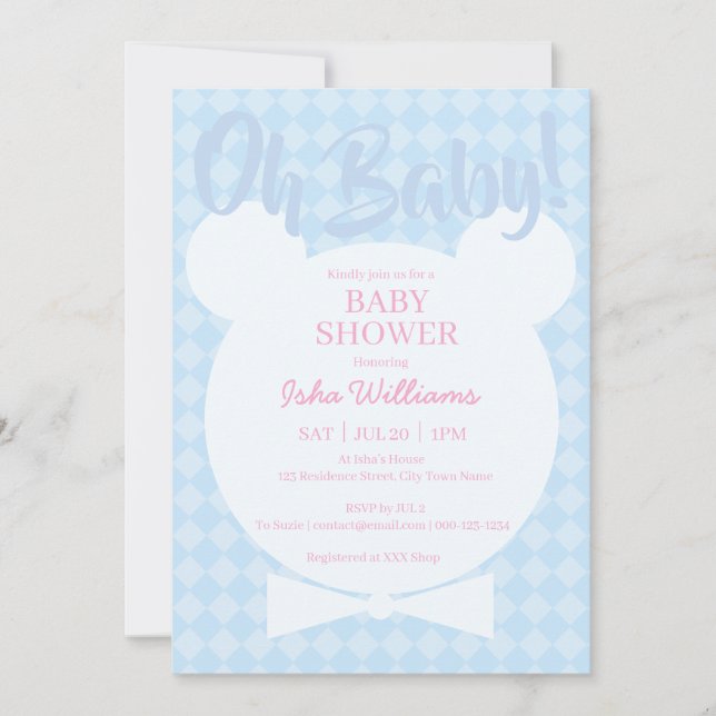 Light Blue Bear bow tied Oh Baby Shower Invitation (Front)