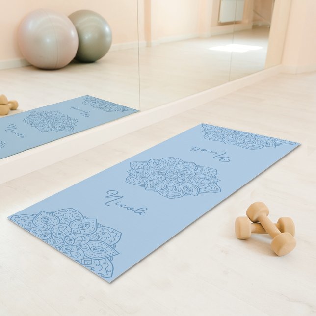 Light Blue Beautiful Mandala With Custom Name Yoga Mat (Disclaimer: This image is a digital mockup.)
