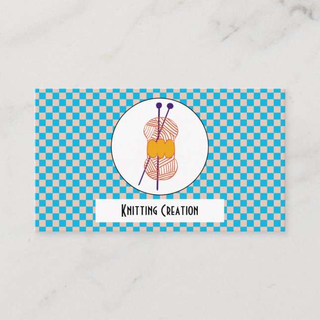 Light Blue & Beige Checks Pattern & Knitting Business Card (Front)