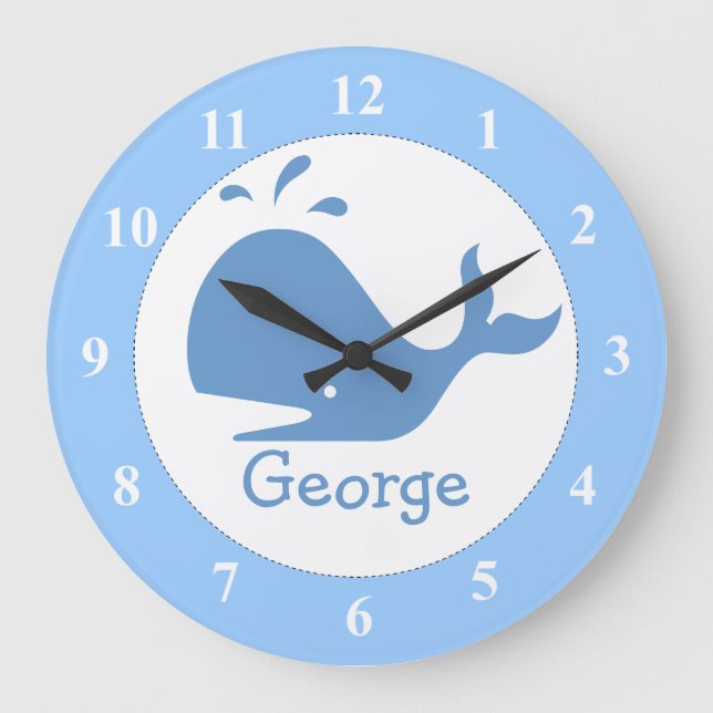Light blue big whale clock with custom baby name (Front)