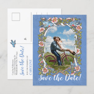 Light Blue Bird Floral Photo Wedding Save Date Announcement Postcard