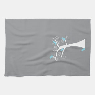 Light Blue Birds on Whimsical White Swirl Tree Mod Kitchen Towel