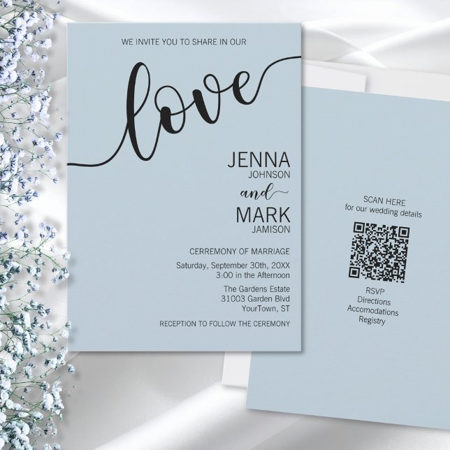 Light Blue Black Love Script Minimalist Wedding Invitation (Creator Uploaded)