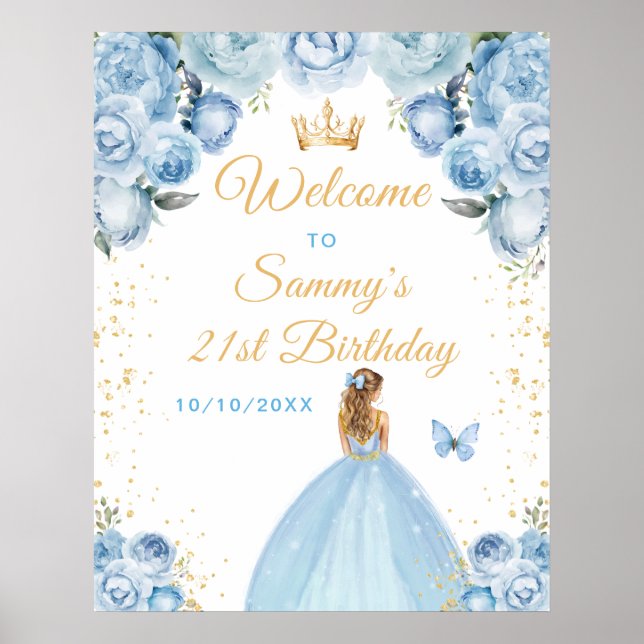 Light Blue Blonde Hair Princess Birthday Welcome Poster (Front)