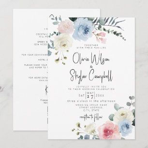 Light Blue Blush Tropical QR All In One Wedding Invitation