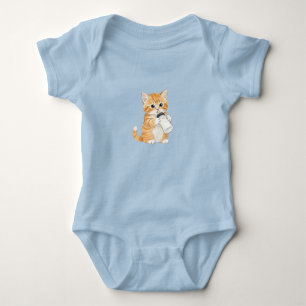 Light Blue Bodysuit with Kitten Drinking Milk
