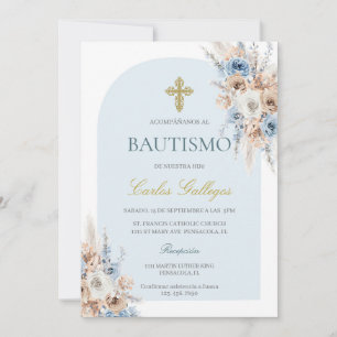 Light blue boho floral baptism invitation