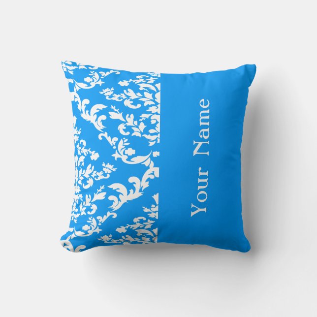 Light Blue Bold Damask w/ name @ Emporiomoffa Throw Pillow (Front)