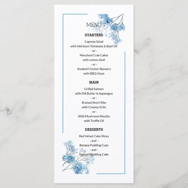 Light Blue Botanical Floral Pattern Wedding Menu (Front)