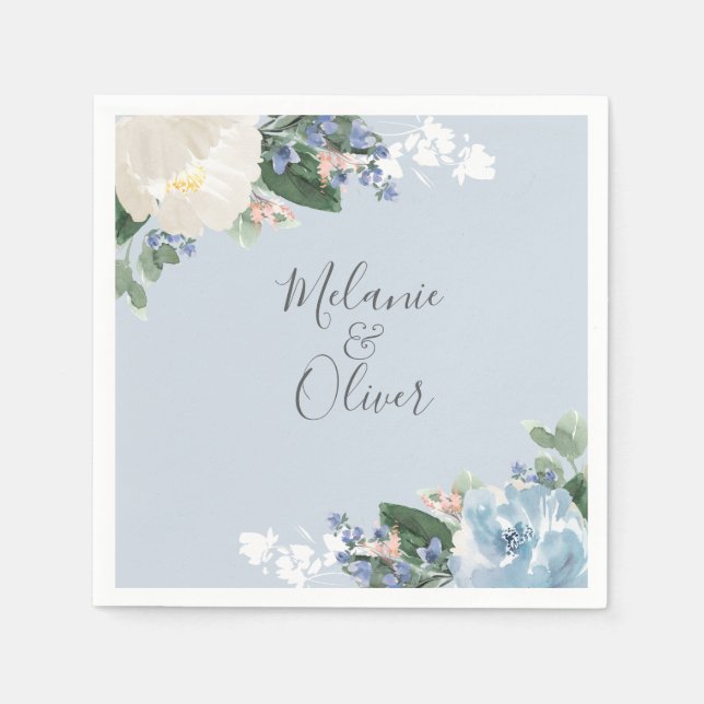 Light Blue Botanical Floral Wedding Napkins (Front)