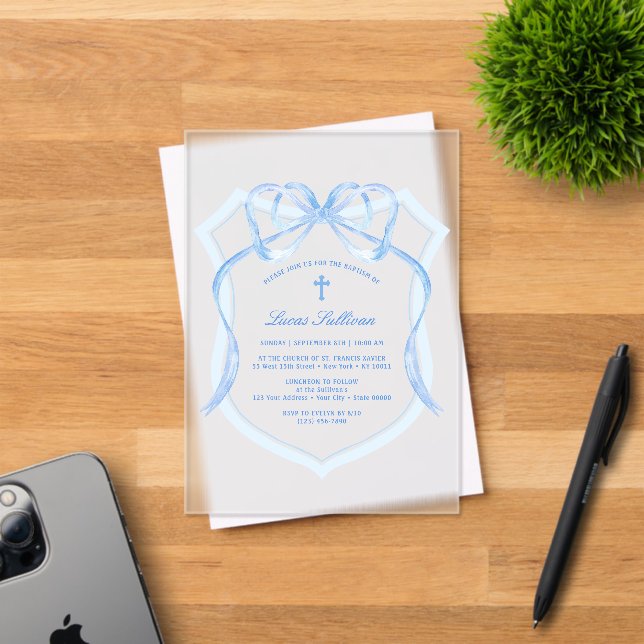 Light Blue Bow Crest Baptism Acrylic Invitations (Insitu (Invitation Card))
