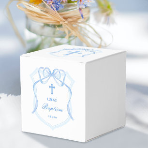 Light Blue Bow Crest Baptism Cube Favor Box