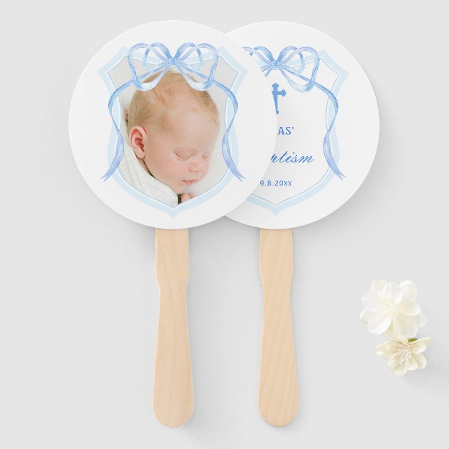 Light Blue Bow Crest Baptism Hand Fan (Front and Back)