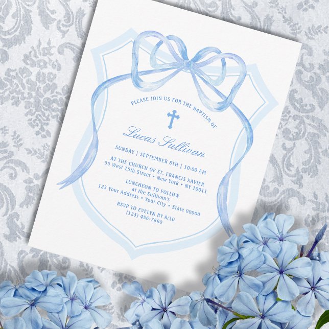 Light Blue Bow Crest Baptism Invitation (Creator Uploaded)