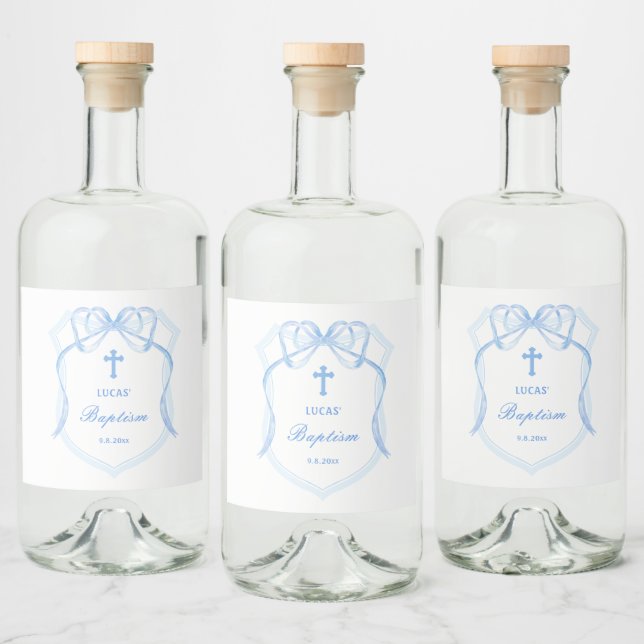 Light Blue Bow Crest Baptism Liquor Bottle Label (Bottles)