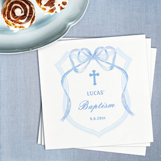 Light Blue Bow Crest Baptism Napkin (Creator Uploaded)