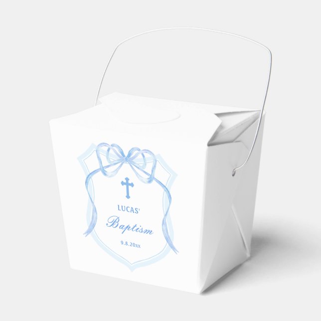 Light Blue Bow Crest Baptism Take Out Favor Box (Front Side)