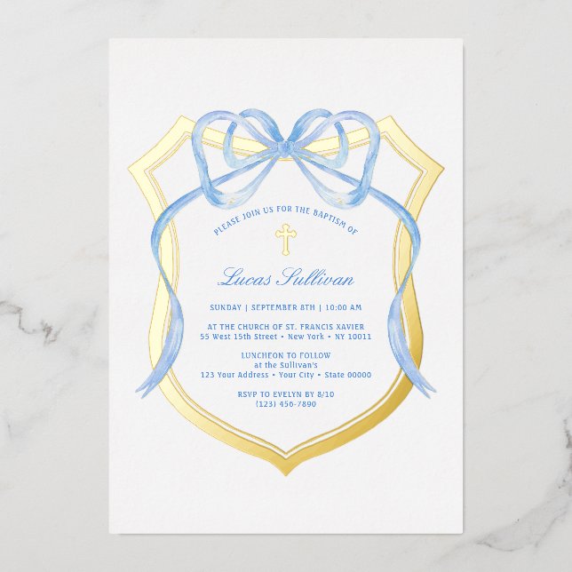 Light Blue Bow Gold Crest Baptism (Front)