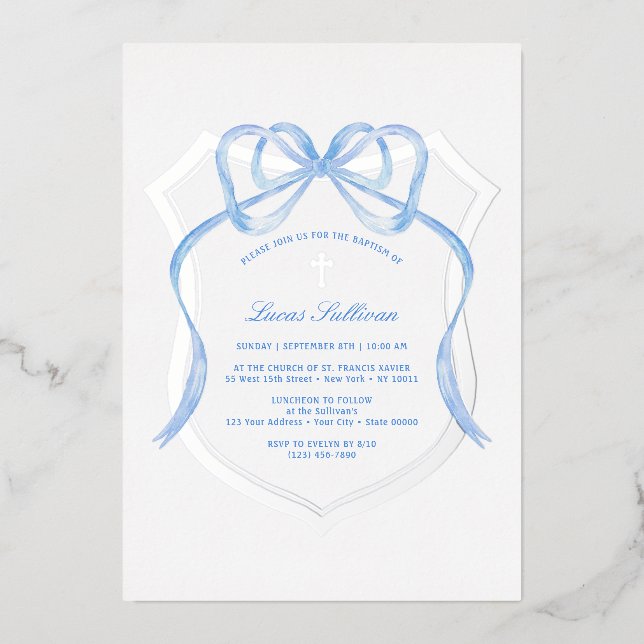 Light Blue Bow Silver Crest Baptism (Front)