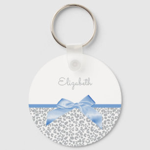 Light Blue Bow With Trendy Leopard Print and Name Keychain