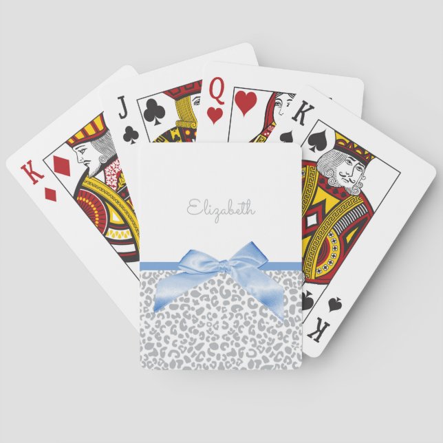 Light Blue Bow With Trendy Leopard Print and Name Playing Cards (Back)