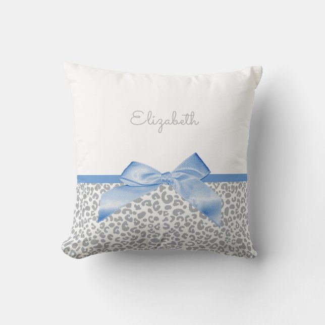 Light Blue Bow With Trendy Leopard Print and Name Throw Pillow (Front)