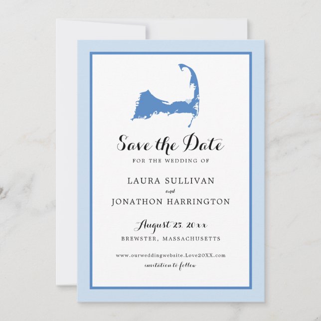 Light Blue Brewster Cape Cod Map Wedding Save The Date (Front)