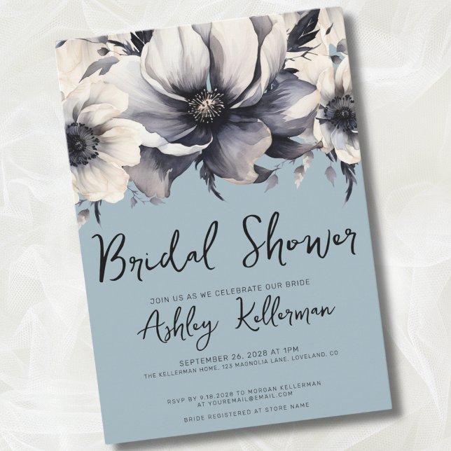 Light Blue Bridal Shower Invitation (Elegant Watercolor Floral Light Blue Bridal Shower Invitation)