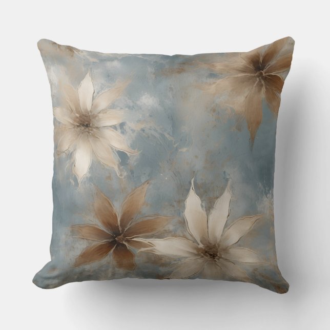 Light Blue Brown Beige Abstract Floral Throw Pillow (Front)