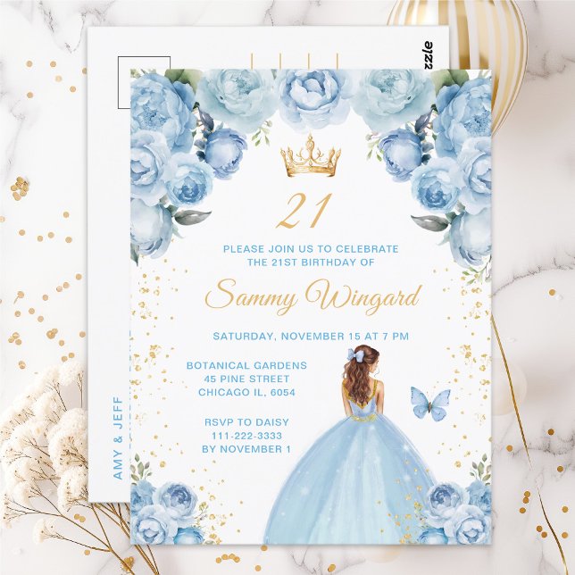 Light Blue Brown Hair Princess Birthday Party Postcard (Creator Uploaded)