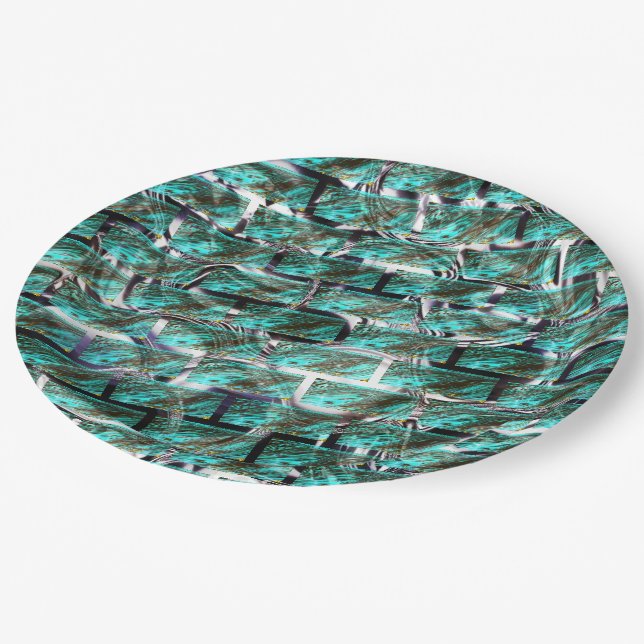 Light blue, bubbles upon grid or brick effect? paper plate (Angled)