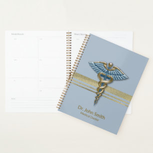 Light Blue Caduceus Faux Gold Foil Stripes Medical Planner