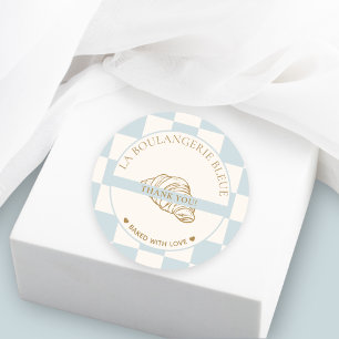 Light Blue Checkered Croissant Bakery Thank You Classic Round Sticker