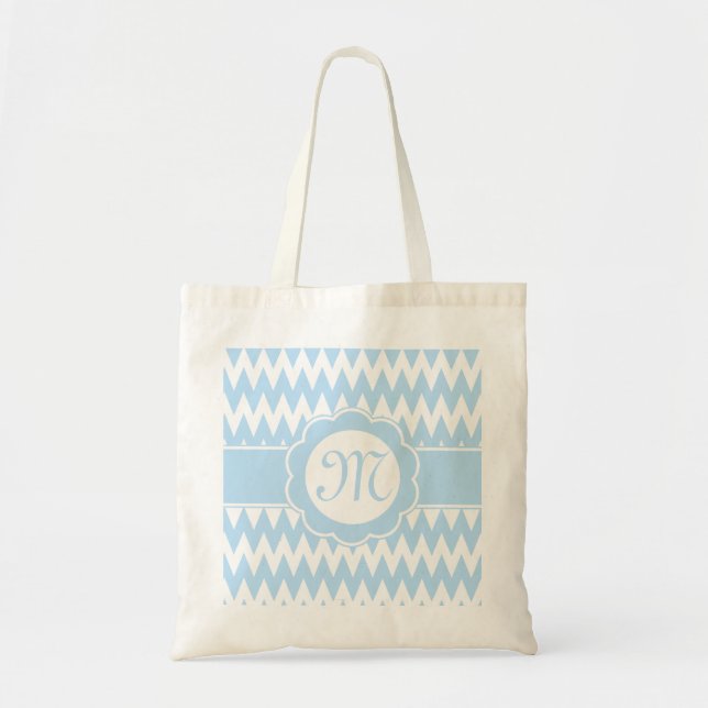 Light Blue Chevron Pattern & Monogram Flower Tote Bag (Front)