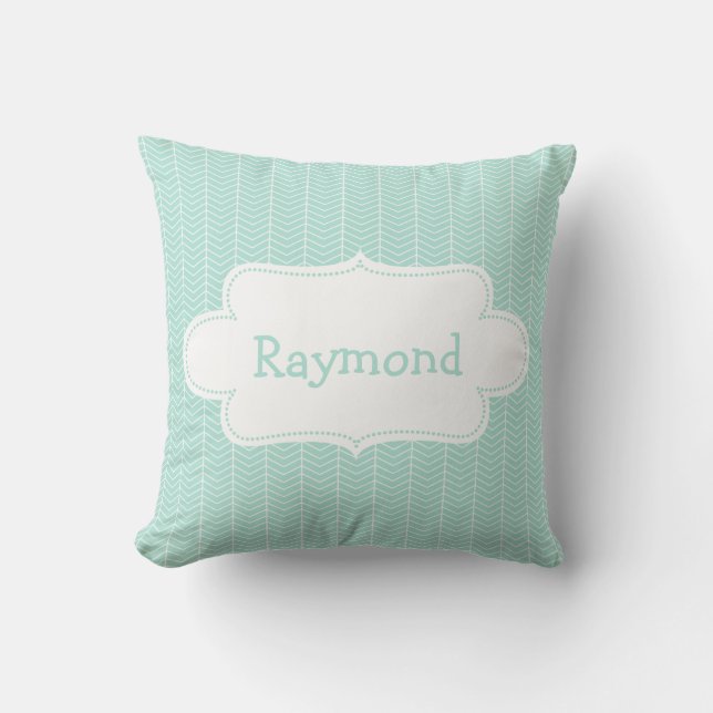 Light Blue Chevron Pattern with Label Throw Pillow (Front)