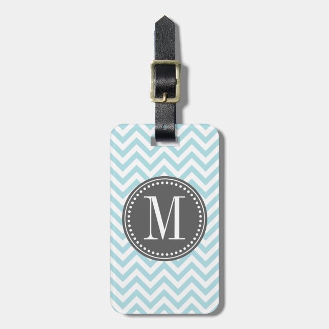 Light Blue Chevron Zigzag Personalized Monogram Luggage Tag (Front Vertical)