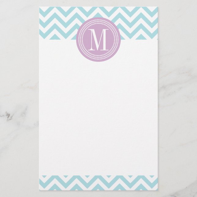 Light Blue Chevron Zigzag Personalized Monogram Stationery (Front)